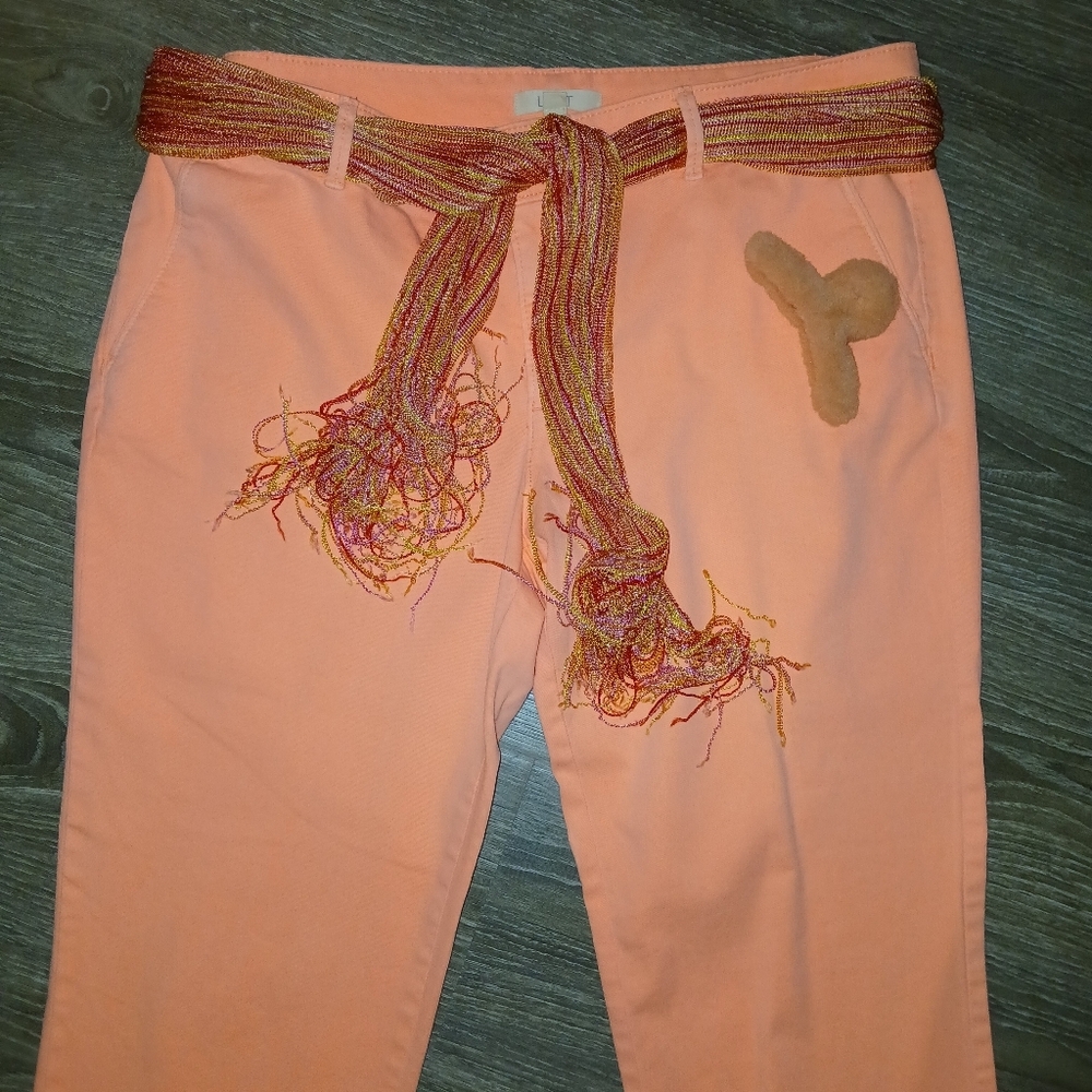 LOFT Coral Marisa Ankle Cropped Pants Beach Colorful Vacation W/Tie Belt & Clip